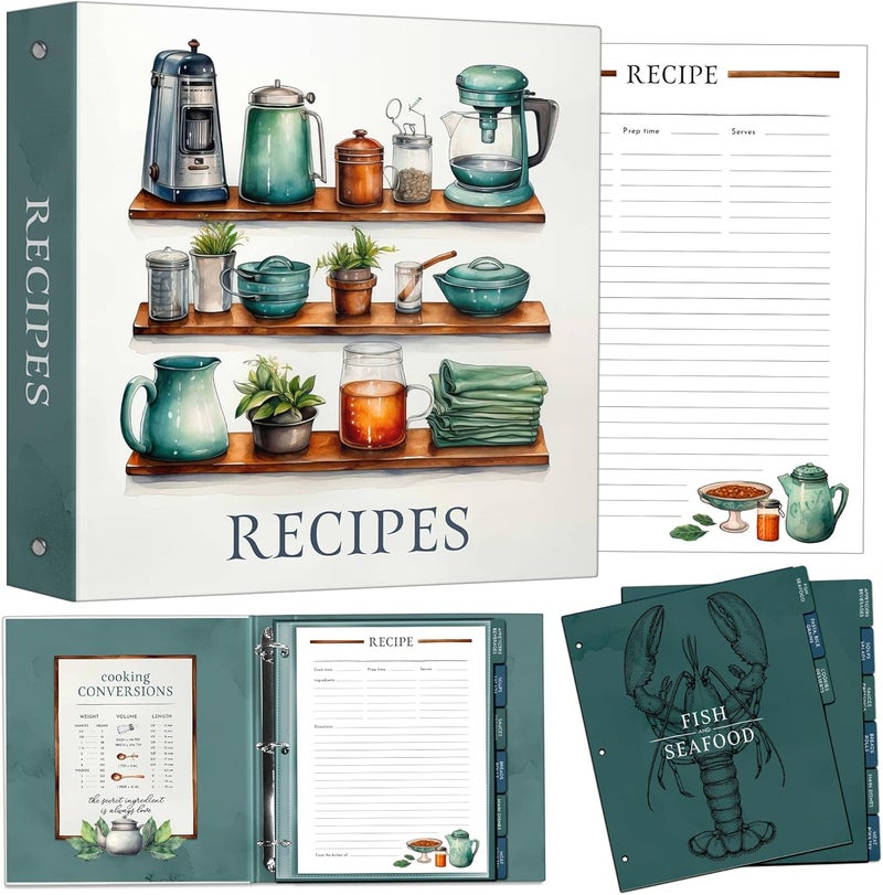 FAYAN Recipe Binder Organizer, 3 Ring Silver Cookbook Binder with 30 Recipe Pages, 30 Plastic Sleeves, 9 Full Color Dividers 11x12x2 Inch, Recipe Organizer - Image 1